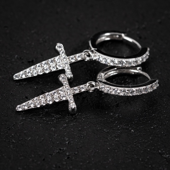 Hanging Dangle Sterling Silver Iced Dagger Cross Hoop Earrings - Picture 3 of 5